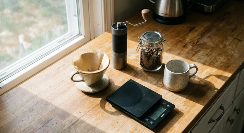 Mărimi de cafea proaspăt măcinată într-un recipient, pregătite pentru prepararea cafelei acasă.