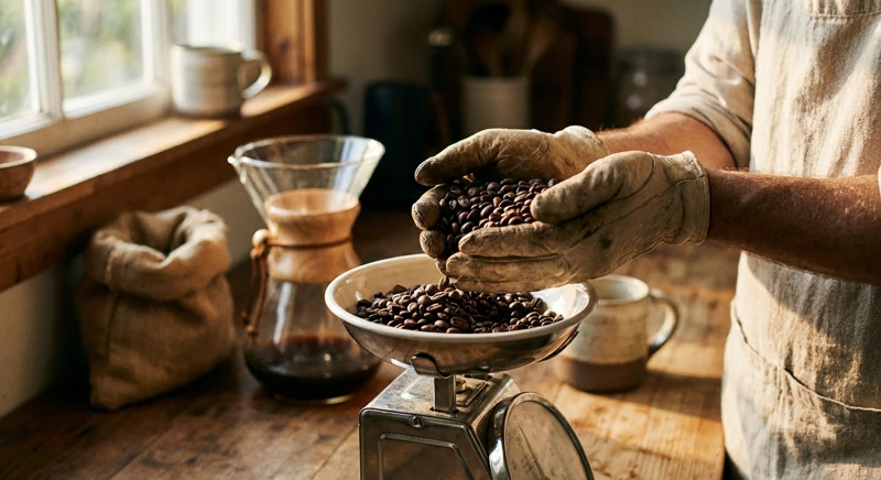 Boabe de cafea și apă alături de un filtru, pentru prepararea cafelei acasă.