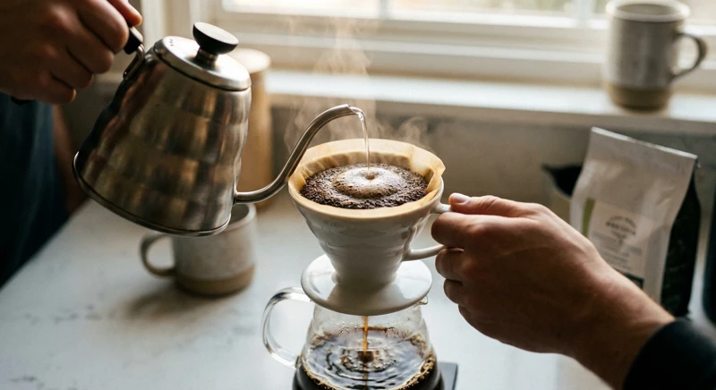 O cană de cafea proaspăt preparată, gata să înceapă ziua.